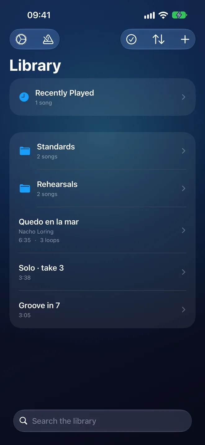 Library: "Recently Played", the Standards and Rehearsals folders and three songs, with the search field at the bottom