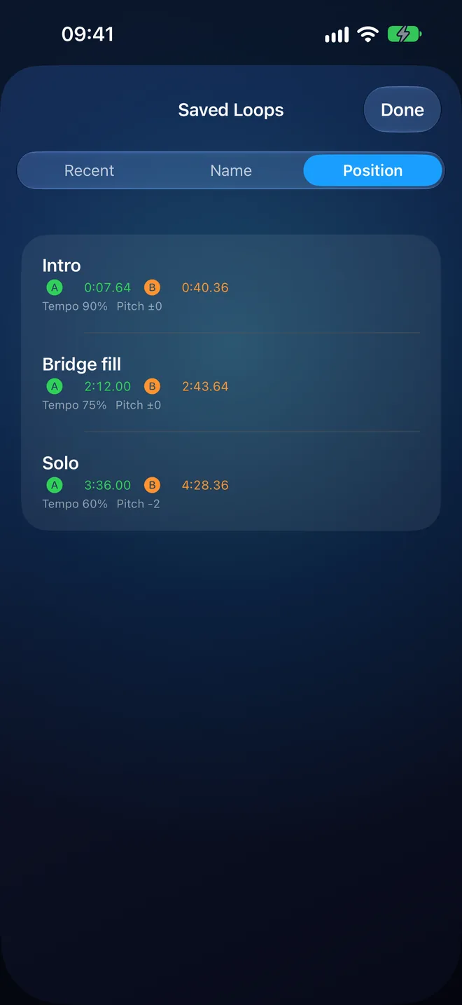 Saved Loops: Intro, Bridge fill and Solo, each with its A, B, tempo and pitch