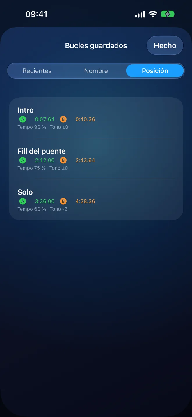 Bucles guardados: Intro, Fill del puente y Solo, cada uno con su A, su B, su tempo y su tono