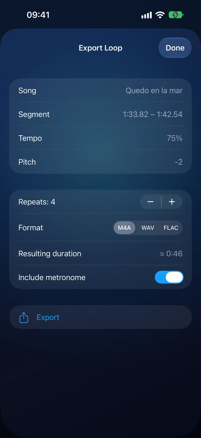 Export Loop: the segment, tempo at 75%, pitch at −2, 4 repeats, M4A, WAV or FLAC, with "Include metronome" on