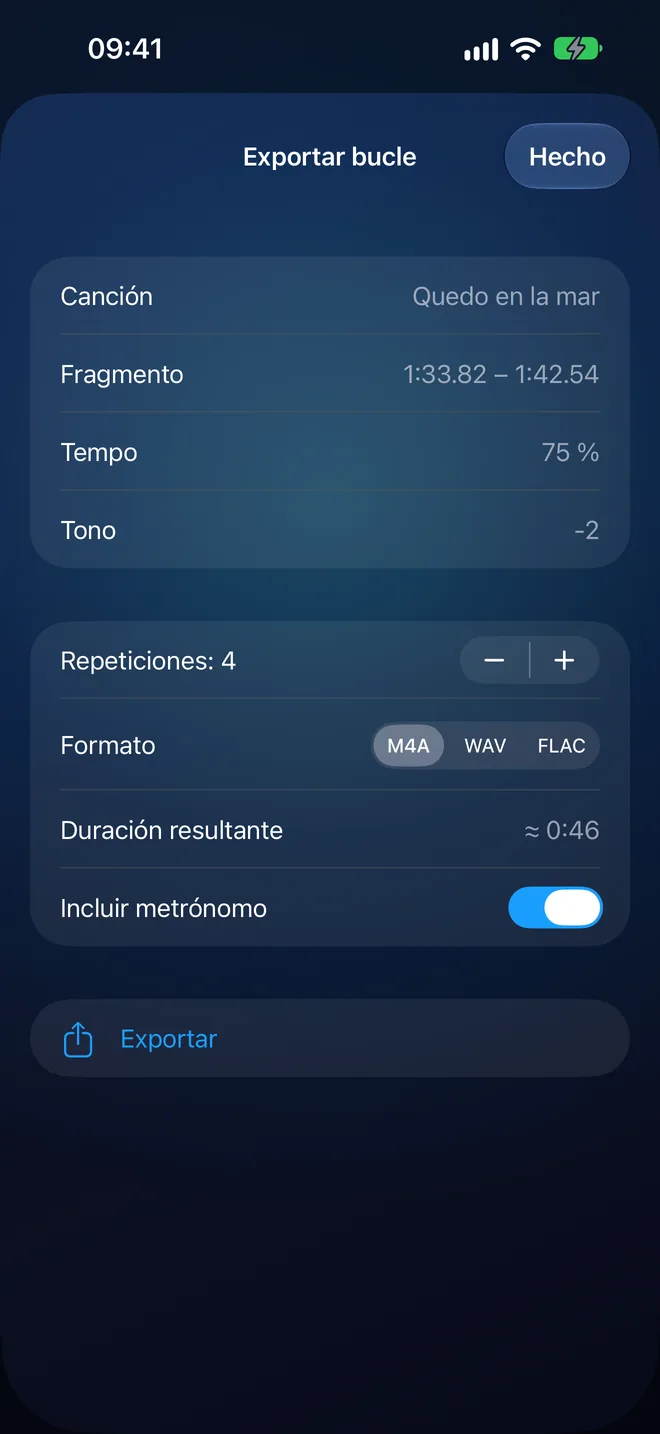 Exportar bucle: el fragmento, el tempo al 75 %, el tono a −2, 4 repeticiones, M4A, WAV o FLAC e «Incluir metrónomo» activado
