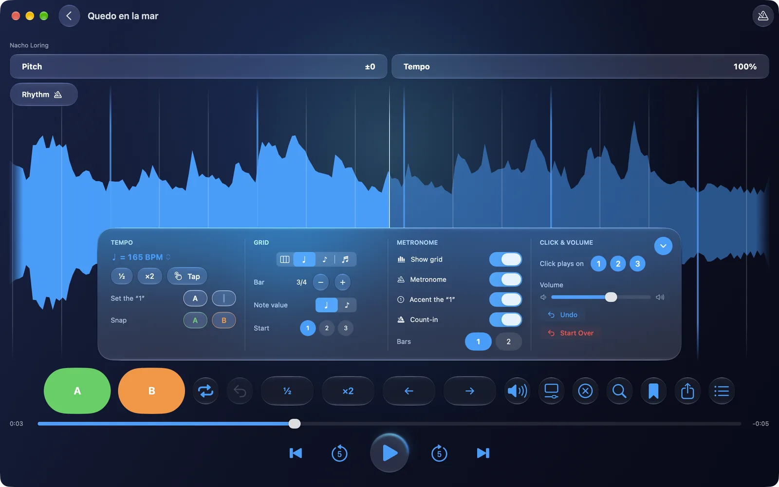 RitLoop’s Rhythm panel on Mac, open over the waveform with the rhythm grid