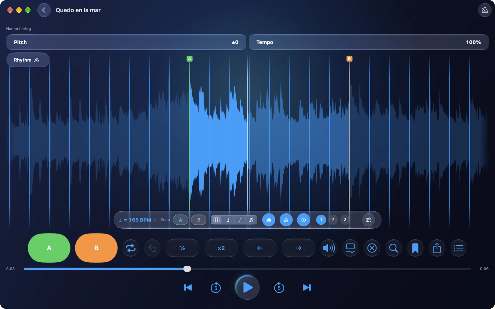 RitLoop on Mac with "Quedo en la mar": the waveform with the rhythm grid, A and B set, 165 BPM