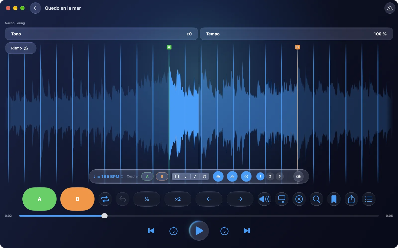 RitLoop en el Mac con «Quedo en la mar»: la onda con la rejilla, A y B marcados, a 165 BPM