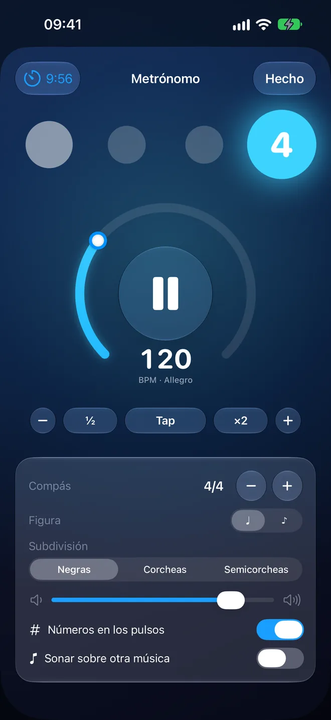 El metrónomo de RitLoop sonando a 120 BPM, en el pulso 4, con el temporizador de práctica en 9:56