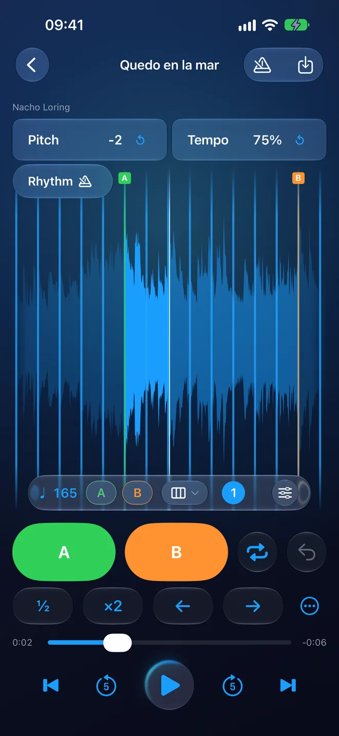 The rhythm grid over the waveform, with A and B snapped to the beat, at 165 BPM
