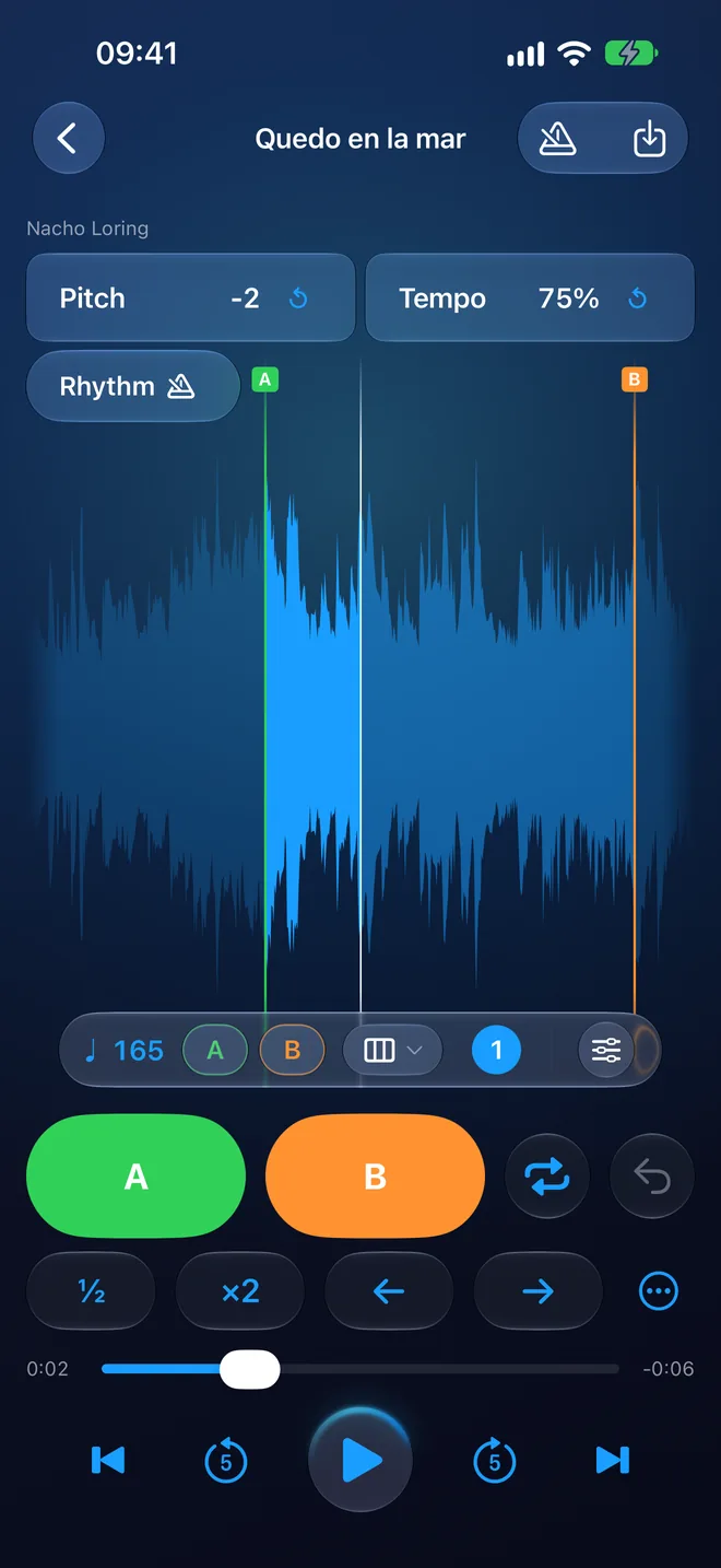 The RitLoop player with "Quedo en la mar": the waveform with A and B set, 165 BPM, pitch at −2 and tempo at 75%