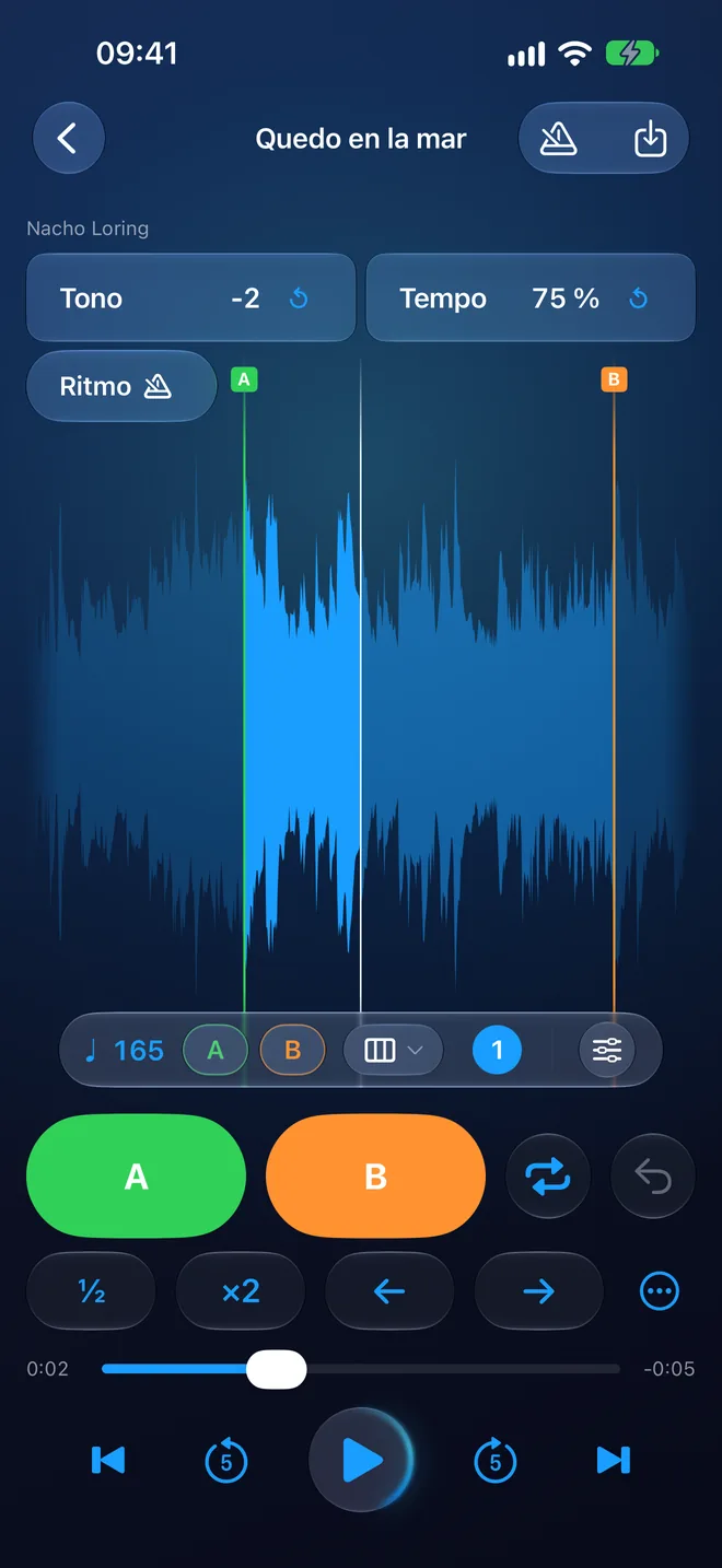 El reproductor de RitLoop con «Quedo en la mar»: la onda con A y B marcados, a 165 BPM, el tono a −2 y el tempo al 75 %